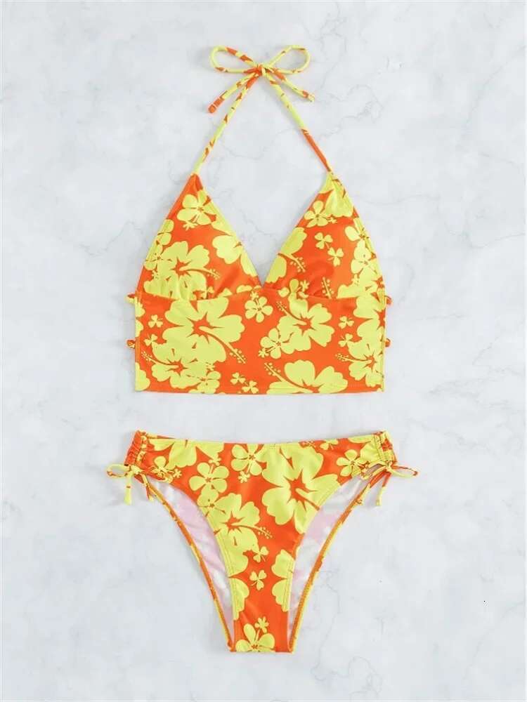Dongdumaoyi Sexy Yellow Floral Print Bikinis Set Women Halter Push Up Crop Top Swimsuit Beach Bathing Suit Lace High Waist Swimwear