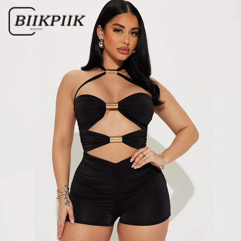 BIKPIIK sexy hollow womens fashion metal ring backless tight jumpsuit vacation club black wrap midnight party 250408