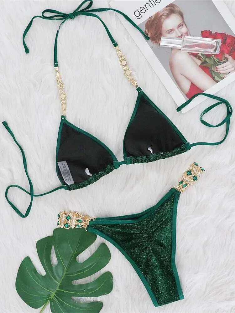 Dongdumaoyi Sexy Bikinis Swimsuits Woman Luxury Rhinestones Push Up Diamond Thong Swimwear Shiny Gold Beach Bathing Suit Bikini Set