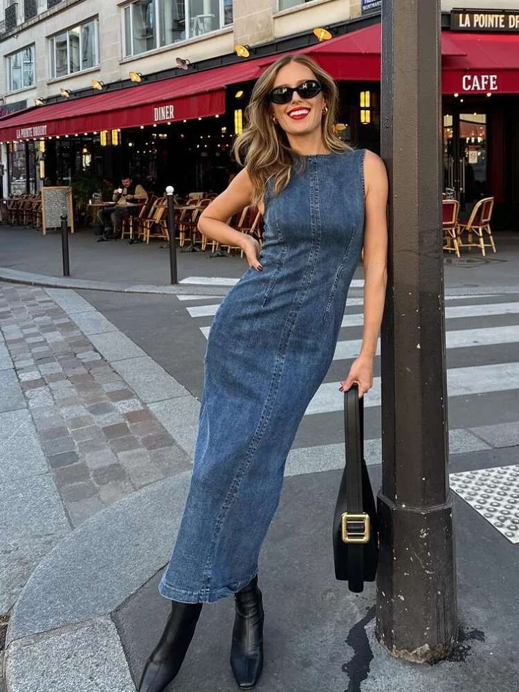 Denim Long Dresses for Women Sleeveless O Neck Midi Dress Slit Casual Commuting Robes 2025 Summer Female New Streetwear