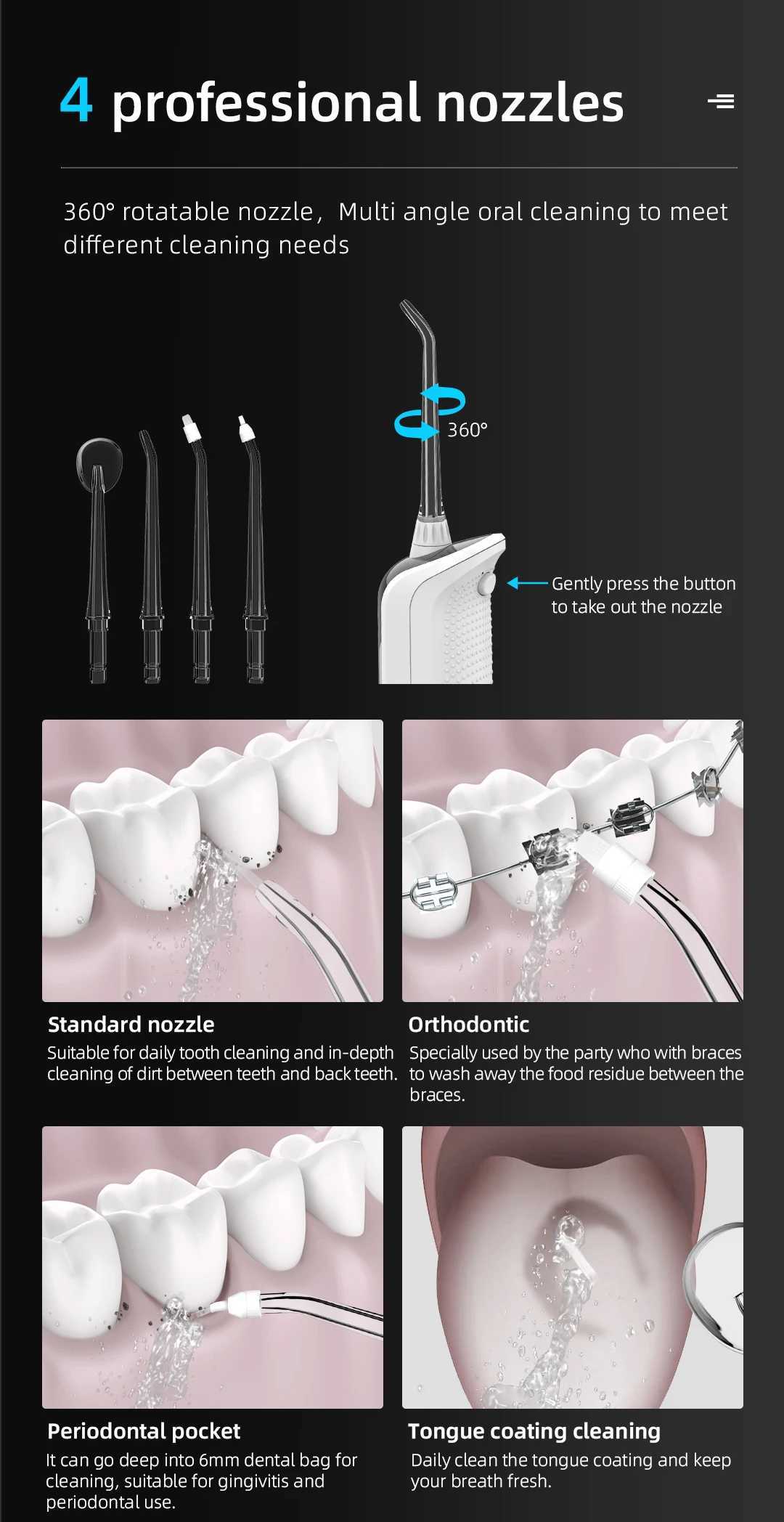 Oral irrigator 40-140PSI dental scale sink rechargeable dental water jet 5-speed 330ML IPX7 waterproof tooth cleaner M250408