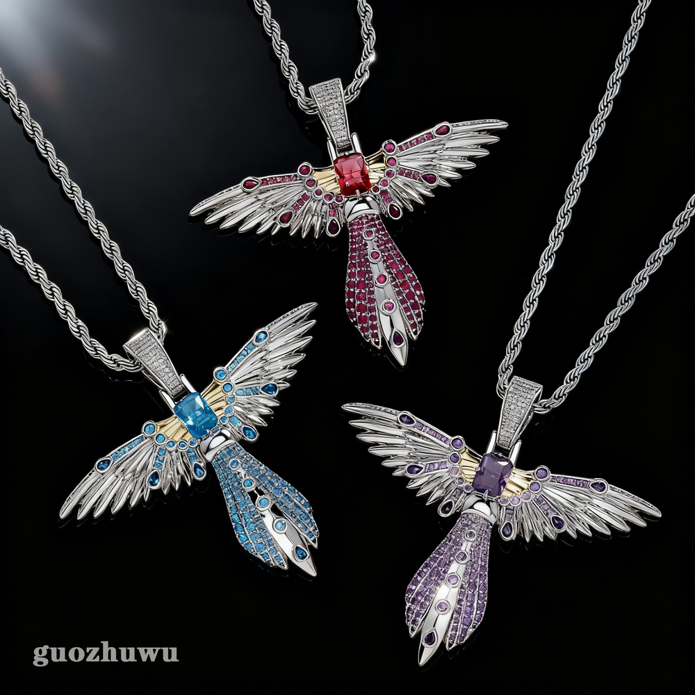 New In Colorful Baguette Cz Stones Dragonfly Charm Hip Hop Pendant Necklace For Men And Women Blue Red Cubic Zircoina Fine Quality Rapper Trendy Party