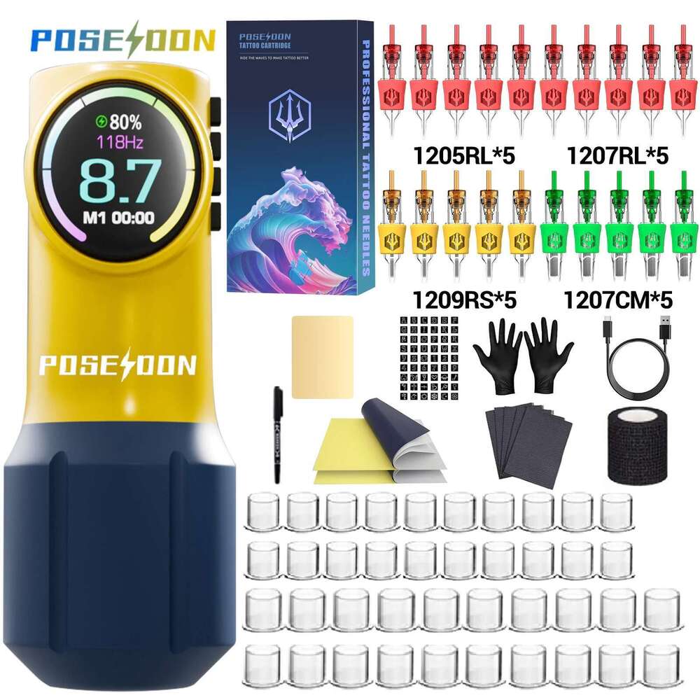 POSEIDON New Yellow Pen For Permanent Makeup Hine Kit Wireless Power Supply Tattoo Gun Ki