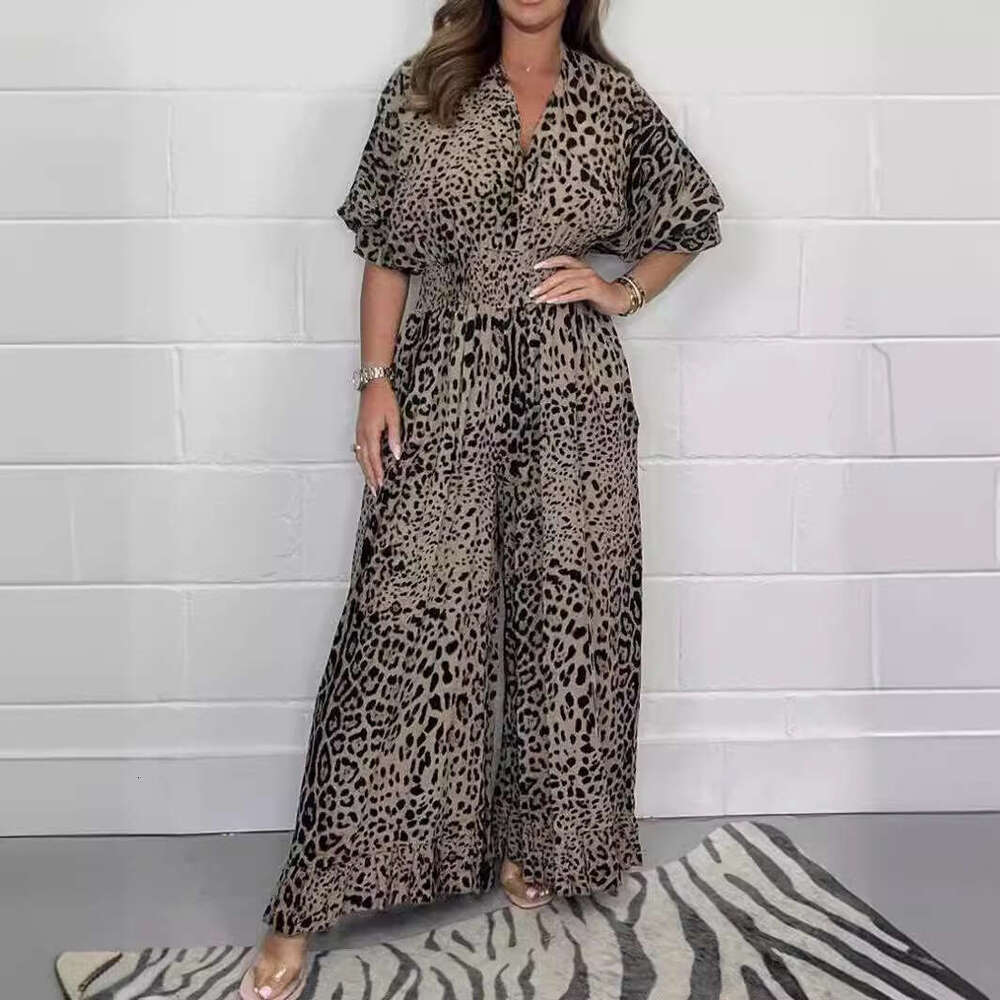 European American women's fashion leopard print casual wide leg jumpsuit 2025 new style chic and elegant clothing