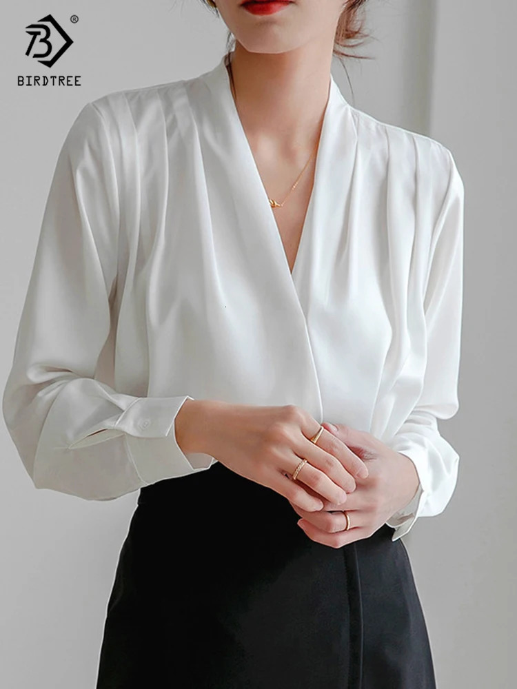 Spring Womens Elegant Satin Shirt Lantern Sleeve V-neck Office Navy Blue Shirt Retro Autumn Casual Top T24401X 250402
