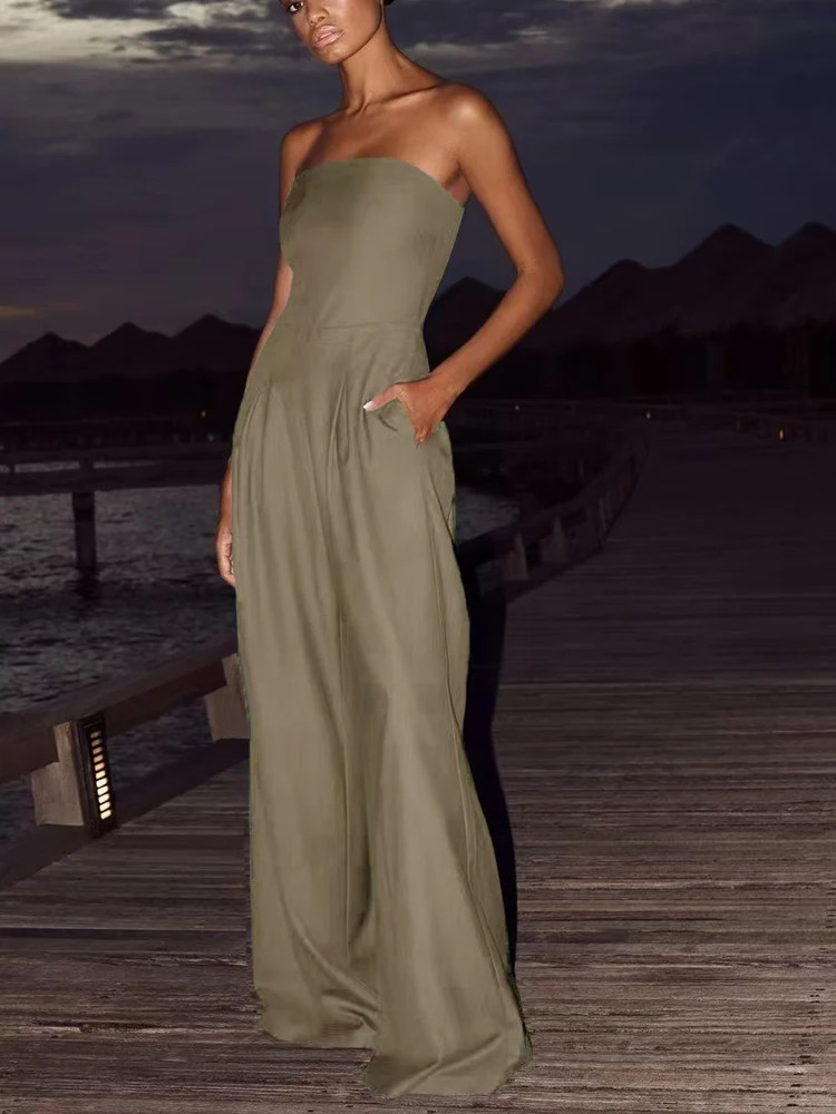 Womens solid strapless jumpsuit sexy and elegant streetwear sleeveless backless loose wide leg pants summer 250407