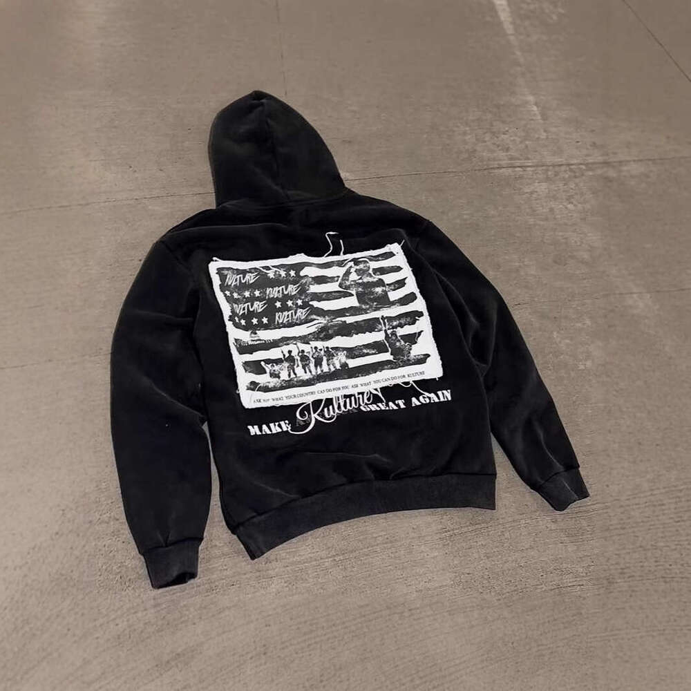 American cotton post apocalyptic wasteland style men's and women's patchwork embroidery three-dimensional pattern hole design hooded sweatsh