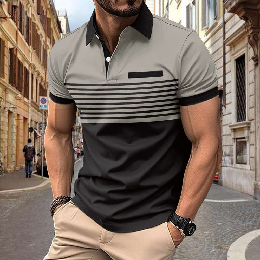 New men's casual polo shirt with chest pocket, V-neck button, striped color blocked T-shirt, 2025 temperament versatile new trendy clothing ins