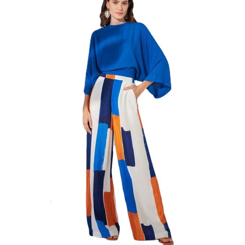 Womens Clothing New Temperament Loose Commuter Blue Top High Waist Wide Leg Pants Suit