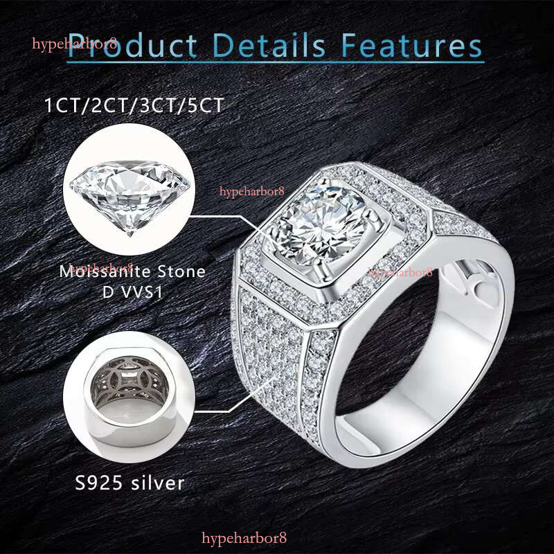 S 1CT 2CT DEF VVS stone ban silver plated white gold silicon men's ring