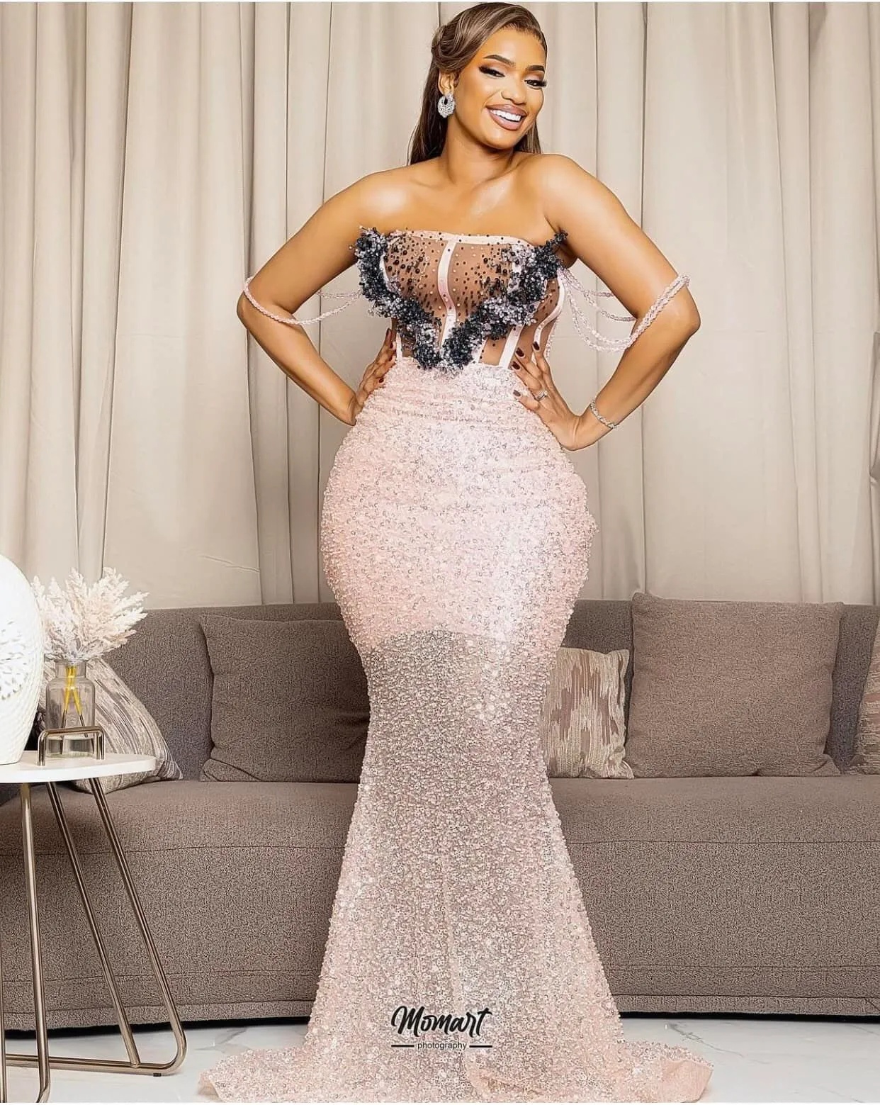 Aso Ebi Pearl Pink Mermaid Prom Dresses Sequined Dresses Beaded Strapless Evening Formal Party Birthday Second Engagement Gowns Robe De Soiree Plus si
