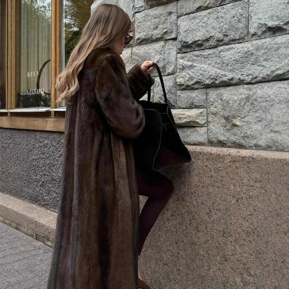 KIDCRKJ Winter Womens Artificial Eco Fur Jacket Brown VNeck Thermal Ladys Faux Coat Chic Long Floor Length Mink 251103