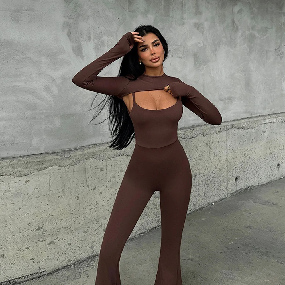 Womens slim fit shoulder strap jumpsuit fashionable and casual Oneck long sleeved solid color fitness sports Y2K 250407