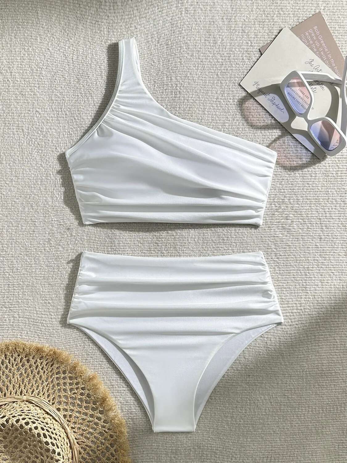 Dongdumaoyi Summer Women S White Black Bikini Set High Waist Pleated Piece Swimsuit Sexy One Shoulder Backless Bathing Suit Swimwear