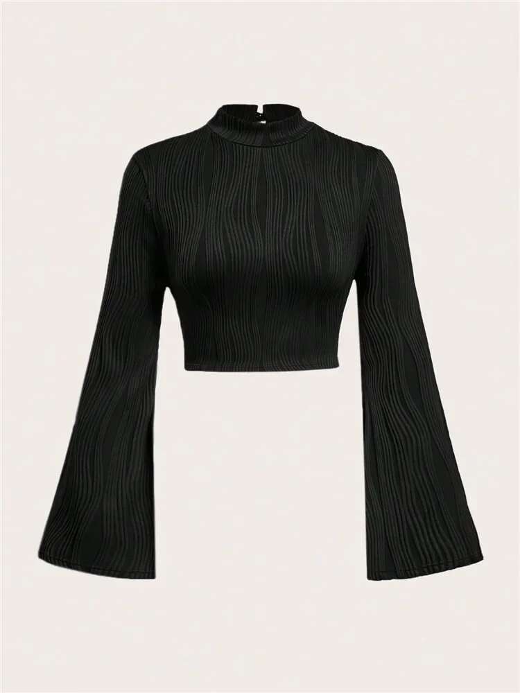 Casual Black Mock Neck Flare Long Sleeve Crop Top Women Fall Winter Y2k Clothes Solid Color Slim Fit Tee Shirt Blouse Streetwear