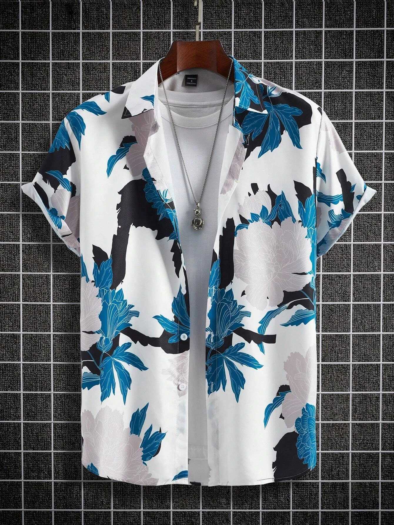 Mens Hawaiian pine palm tree floral print casual short sleeved mens button up topXJ250407