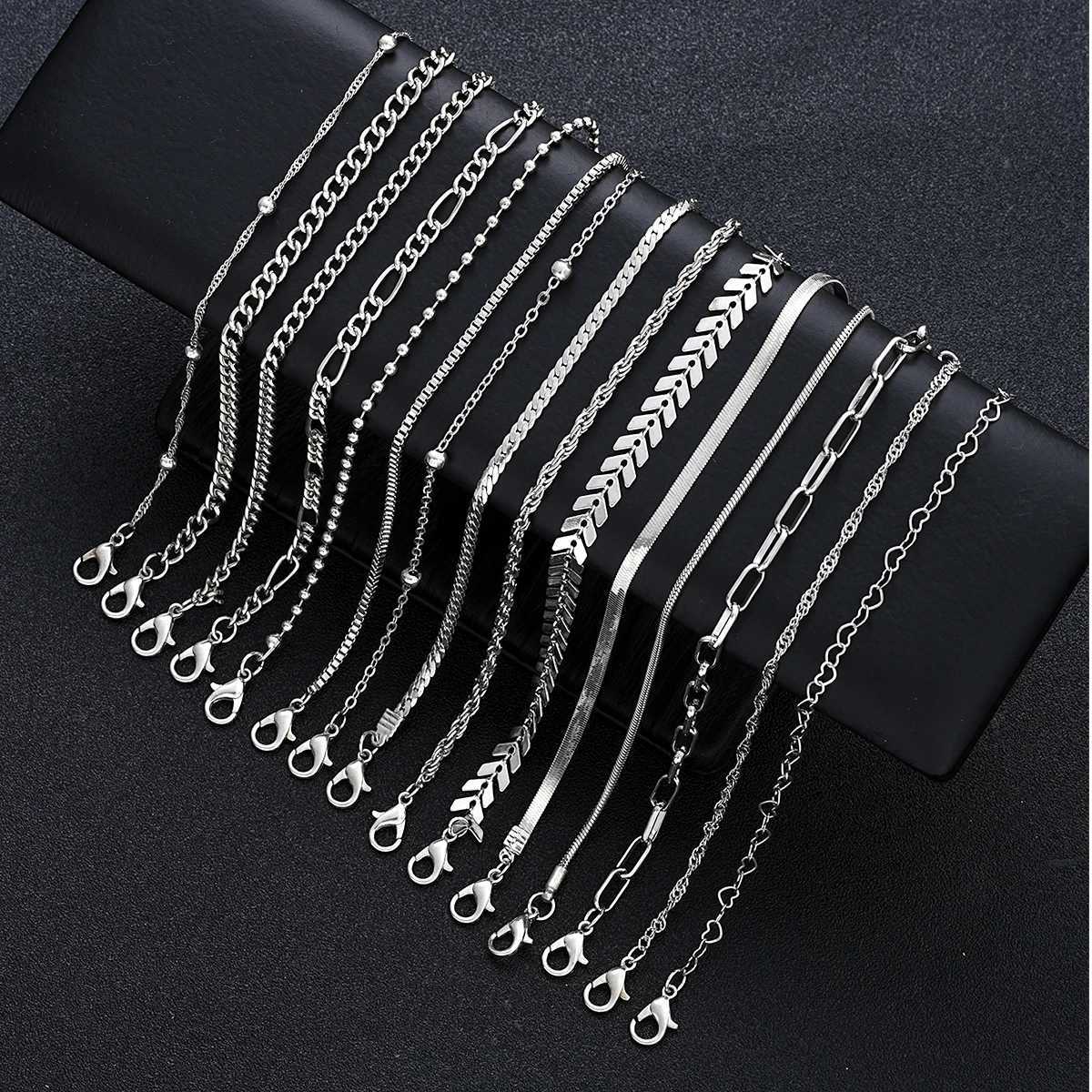 15 Pcs/Set Dainty Silver Color Metal Bracelet Set For Wen Boho Retro Thick Twist Cuban Chain Bracelet Party Tren Jewelry NewC250408