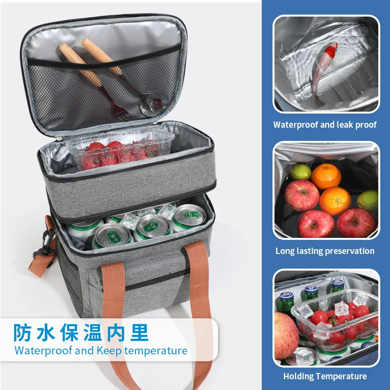 Multi functional doublelayer handbag cooler lunch bag suitable for women large capacity travel picnic box with shoulder strap 250401