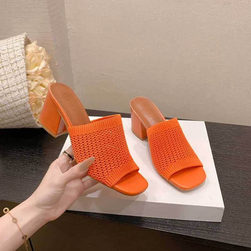 2024 New Hot Summer Womens Slippers Knitted Block Heel Sexy Square Foot Dress Party Shoes High Heels Casual Solid Color SandalsXJ250407