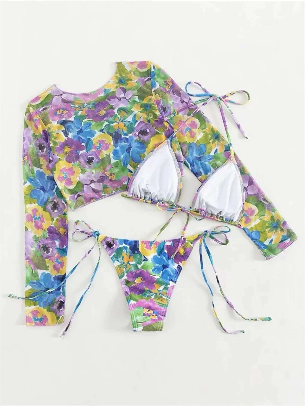 Dongdumaoyi Sexy Mesh Cover Up Bikini Set Women Long Sleeve Tie Dye Floral Print Thong Piece Swimsuit Beach Bathing Suit Swimwear