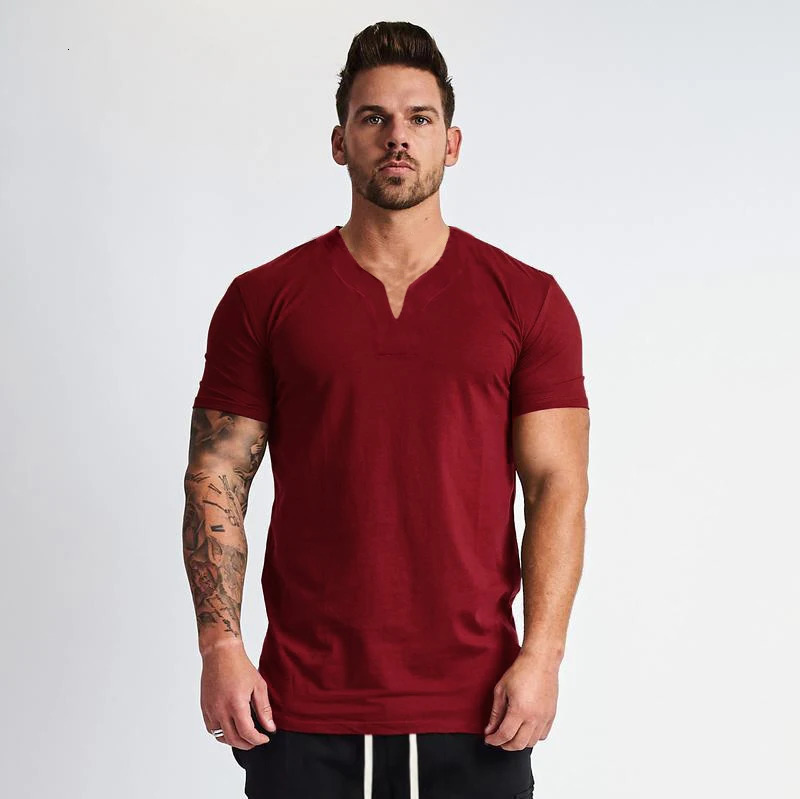 Summer mini V-neck short sleeved mens slim fit T-shirt sports and leisure gym clothing fitness T-shirt 250402