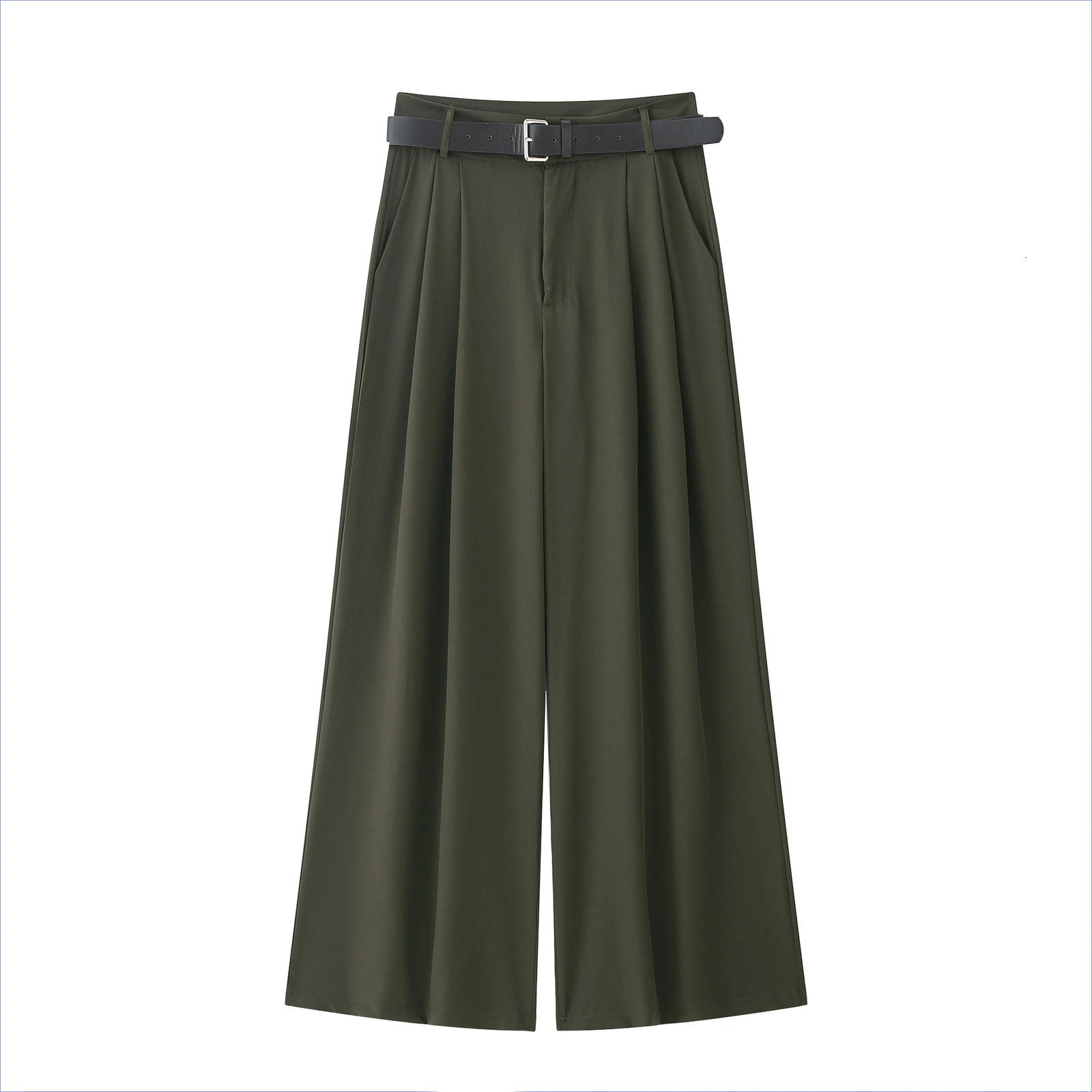 Womens spring and summer straight pants casual pleated solid loose strap womens elegant street Trouser clothing 250407