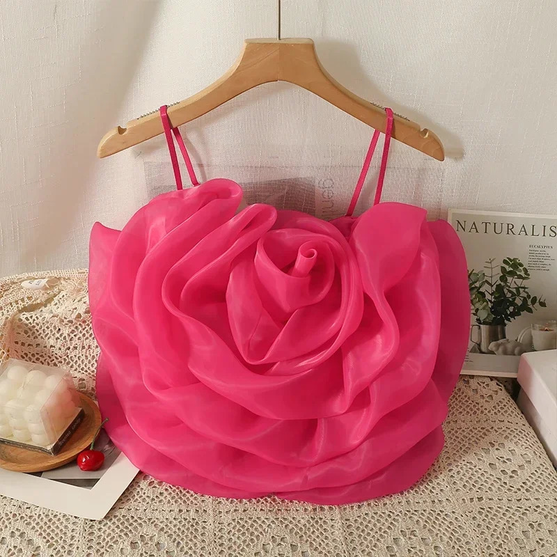 Spaghetti Strap 3D Flowers Tank Top for Women Strapless Slash Neck Lace Skinny Camisoles Summer Age-reducing Camis Drop 250407