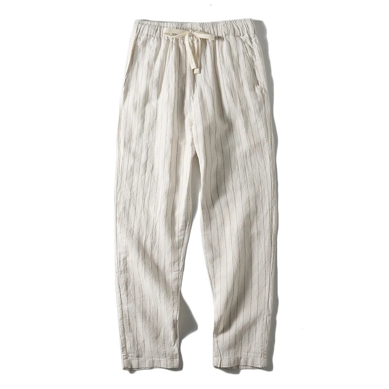 Cotton and Linen Comfortable Mens Fashion Trend Summer Pure Straight Stripe Thin Breathable Solid Color Loose Casual Pants 250408