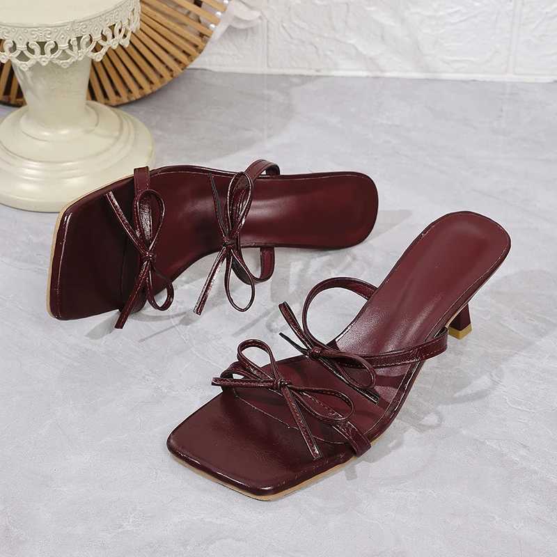 Wine red high-heeled sandals for women square toe bow decoration summer outdoor slippers womens thin high-heeled party shoesXJ250407