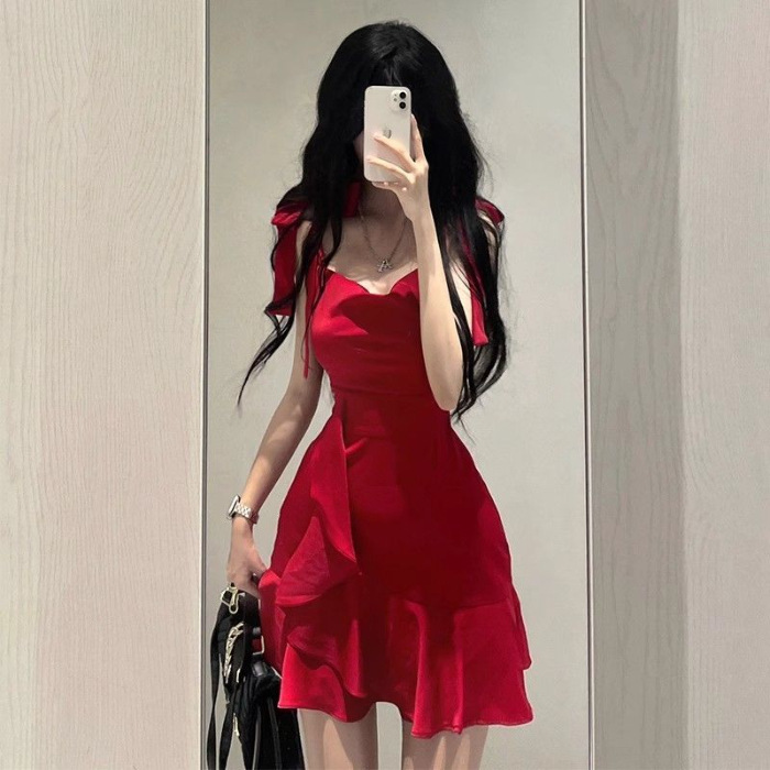 S32 new lotus leaf temperament hot girl red suspender dress small summer pure desire style waist slim short skirt female