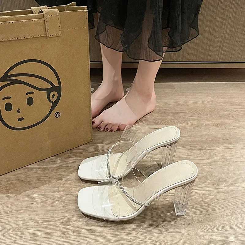 Transparent high-heeled sandals for womens summer crystal shoes square toe thick high-heeled sandals for womens outerwear 2025 new FiatXJ250407
