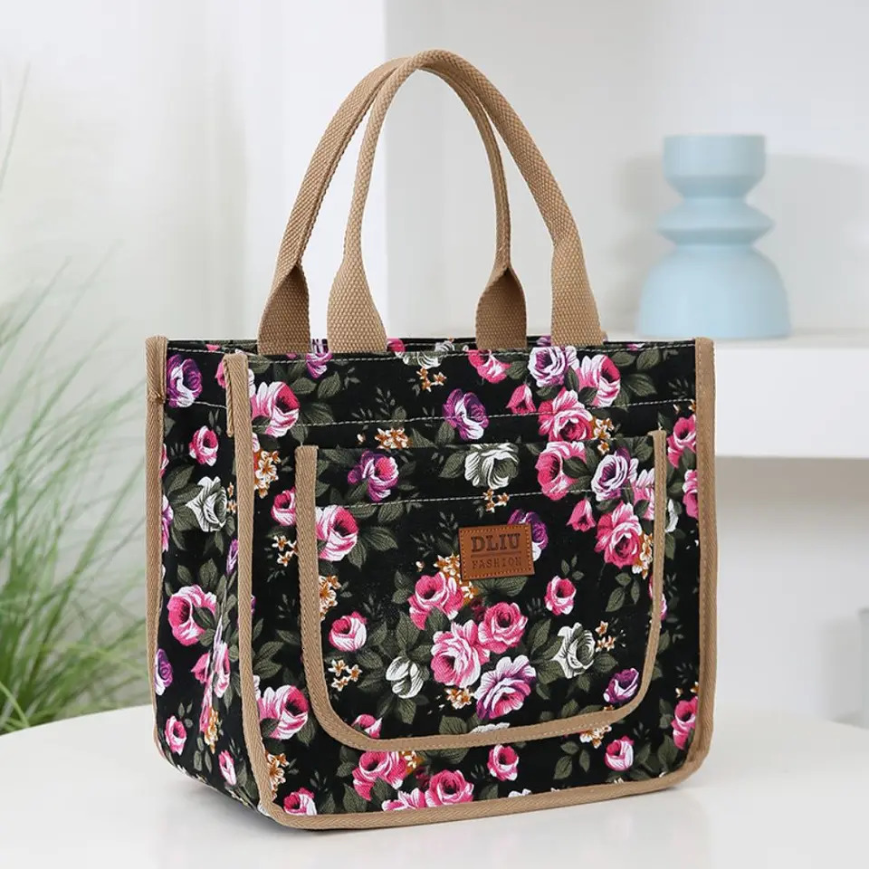 Fashionable handbag floral printing lunch bag large capacity thickened insulated portable ice 250401