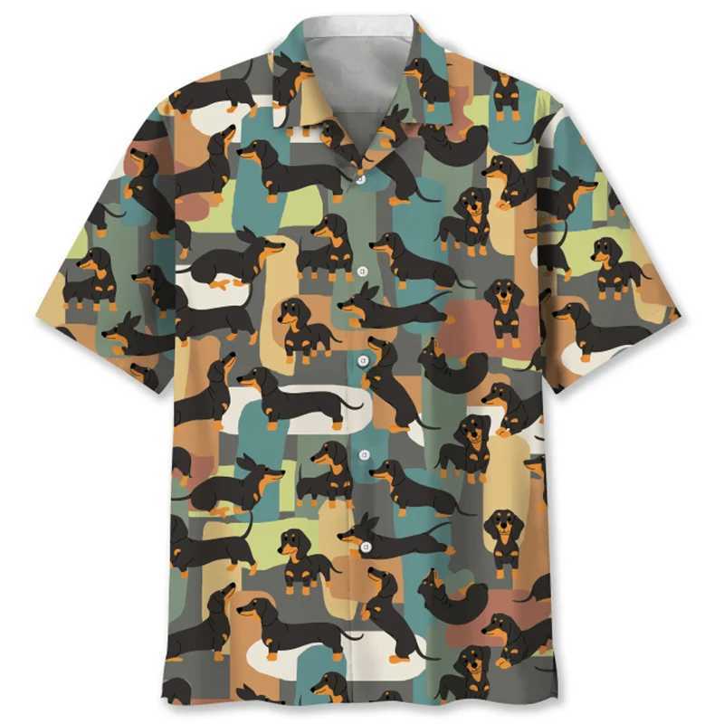 Cartoon sausage dog 3D printed mens animal pet graphic short sleeved Hawaiian shirt top loose collar shirtXJ250407