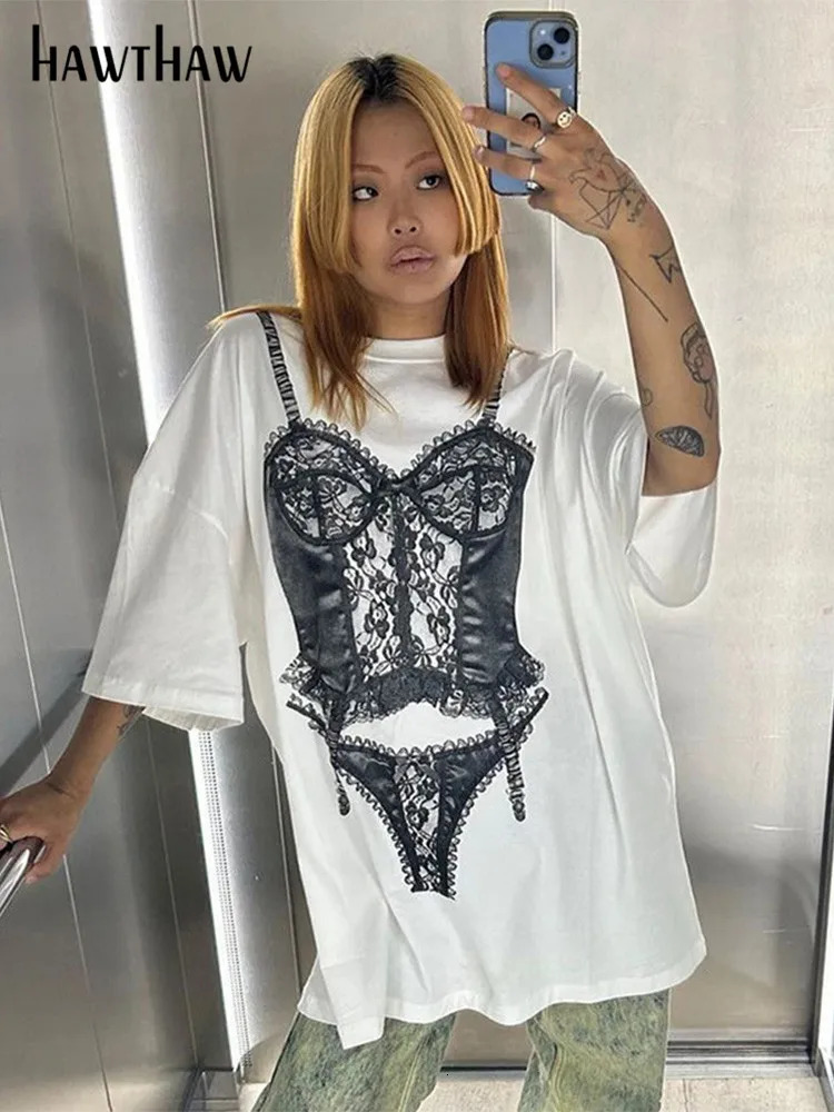 Hawshaw Womens Short sleeved Graphic Streetwear White T-shirt Top Tees Shirt Summer Clothing Wholesale Products 250402