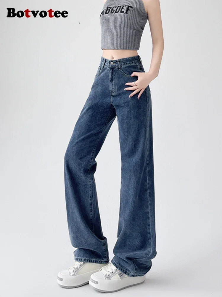 Botvotee White Straight High Waist Womens Jeans SpringSummer Korean Fashion Strap Retro Clothing Blue 250407