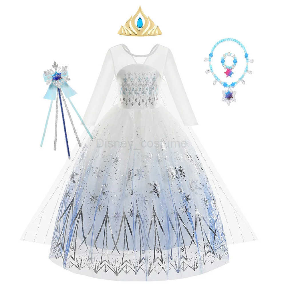 Disney Elsa Costumes for Girls Cosplay Princess Birthday Dress Long White Snow Queen Dress Halloween Carnival Costume X250408