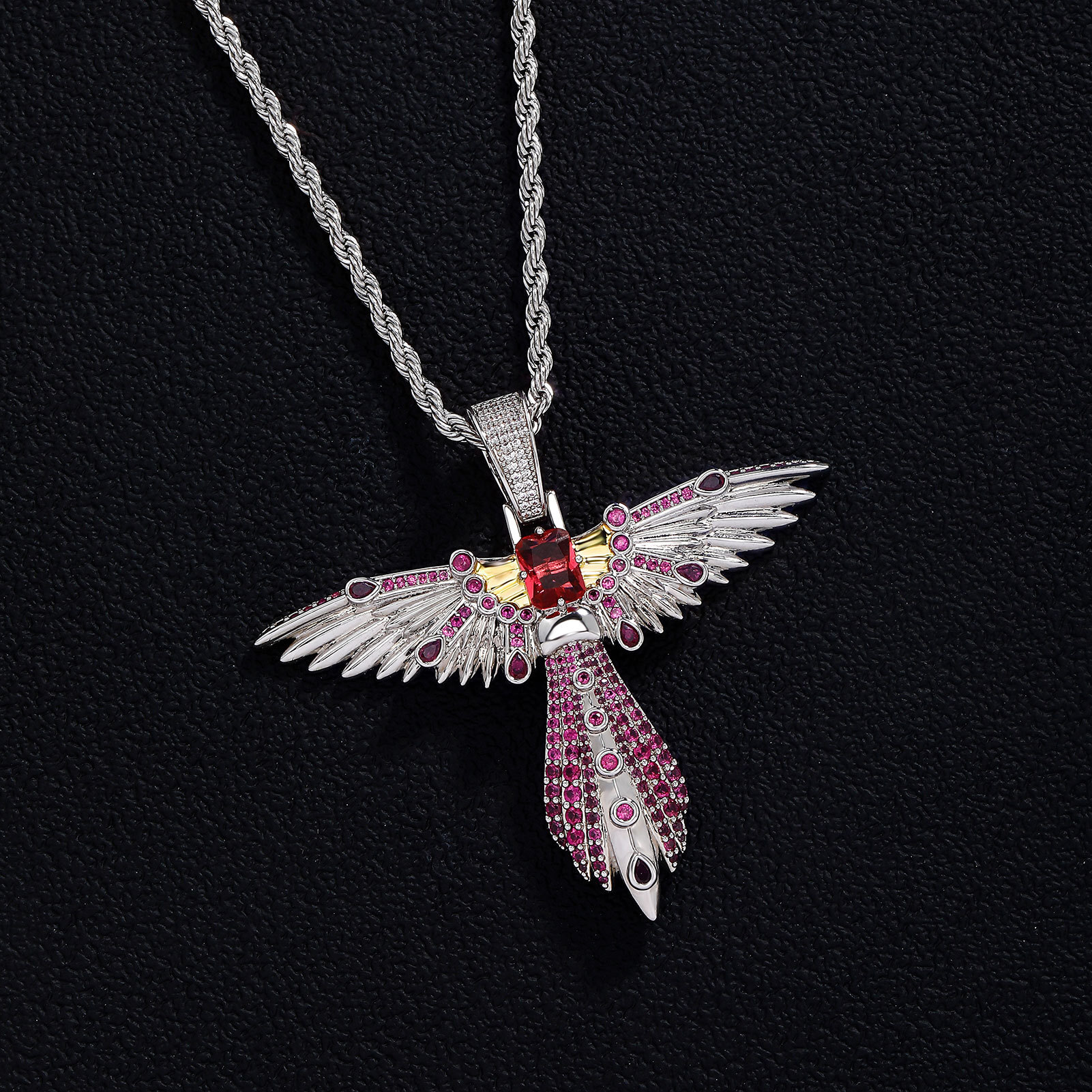 New In Colorful Baguette Cz Stones Dragonfly Charm Hip Hop Pendant Necklace For Men And Women Blue Red Cubic Zircoina Fine Quality Rapper Trendy Party