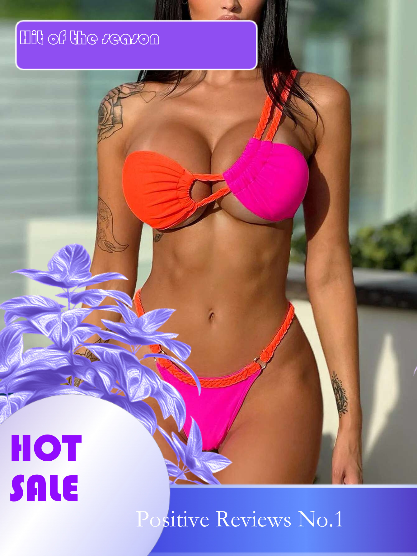 Dongdumaoyi Sexy Orange Hot Pink Contrast Bikini Set Women Rope One Shoulder Hollow Out Push Up Swimsuit Bathing Suit Thong Swimwear