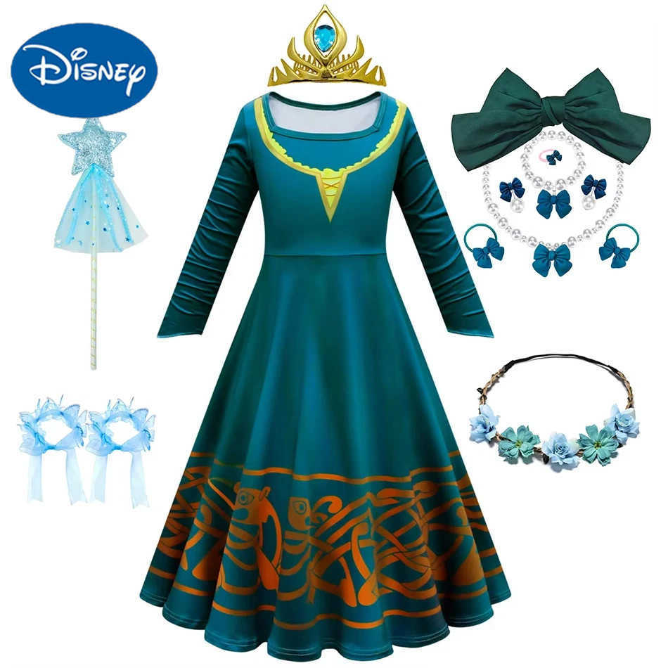Disney Brave Princess Role Playing Merida Dress 3D Printed Long Sleeve Retro Childrens Clothing for Girls Halloween Childrens Birthday Party Costumes 