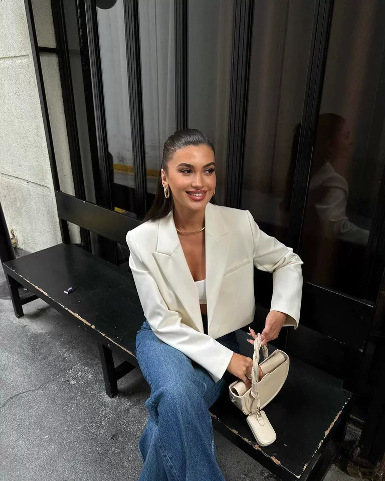 Fashionable womens white basic jacket elegant solid long sleeved autumn and winter open front casual short office 250407