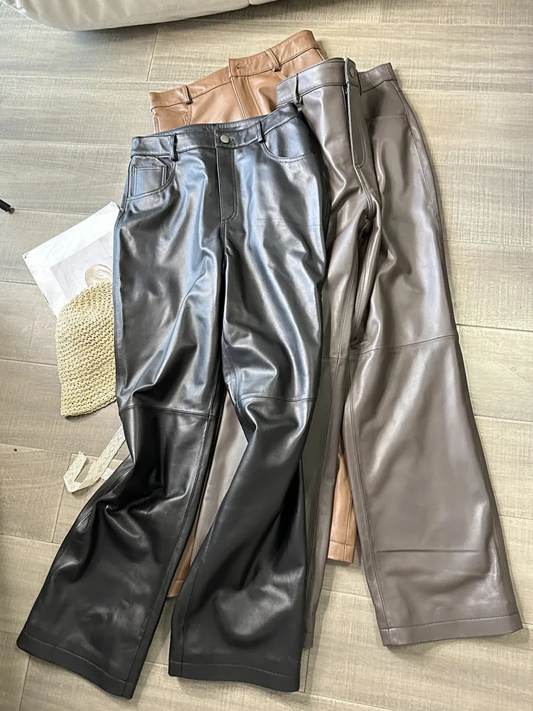 Womens high waisted sheepskin pants straight loose thin genuine leather wide legs spring autumn 250407