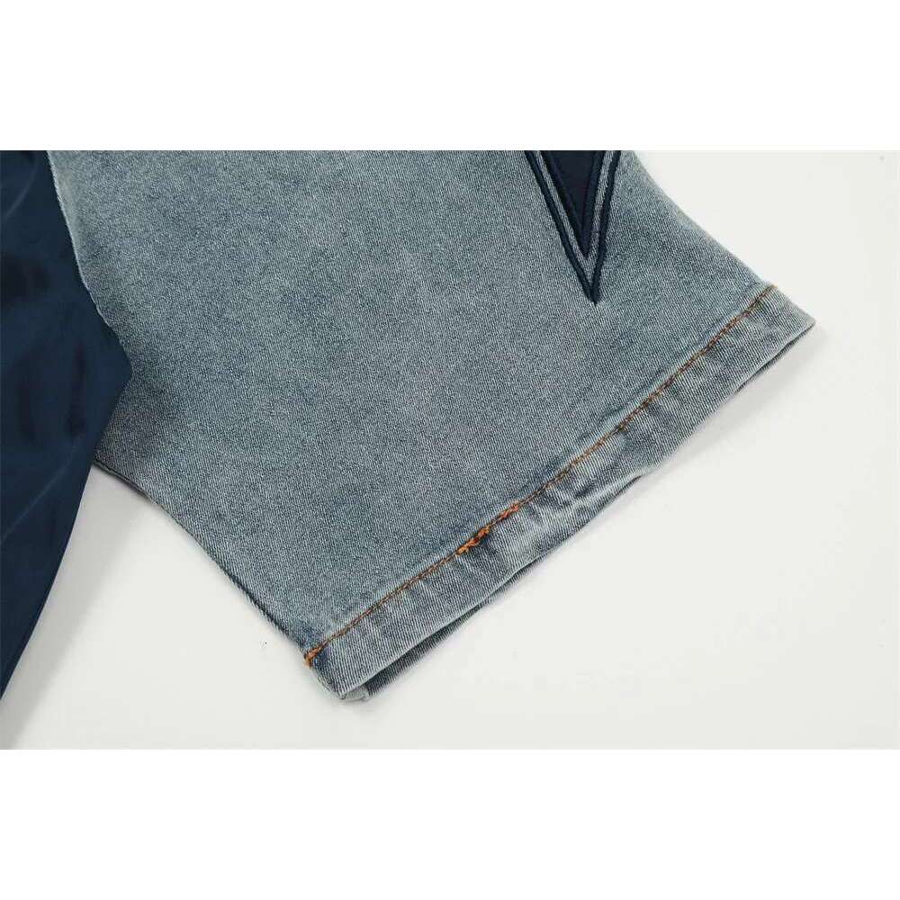 Letter Embroidery Patchwork Denim T-Shirt Mens Summer High Street Washed Distressed V-Neck Raglan Sleeve Tops Men
