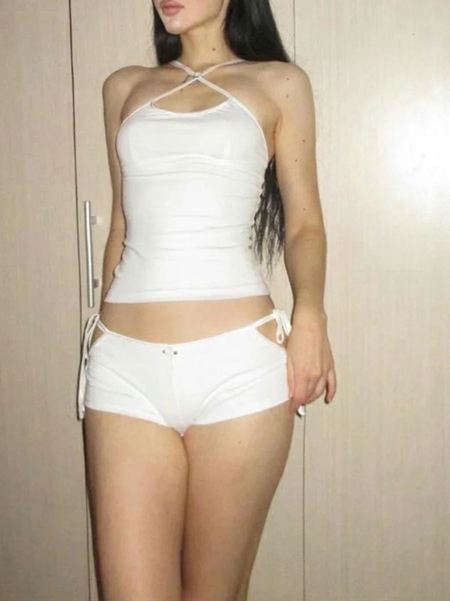 Combhasaki Womens 2Piece Summer Y2K Vintage Outfits Backless Camisole Tops Bandage Cutout Shorts Streetwear Aesthetic Clothes 250407