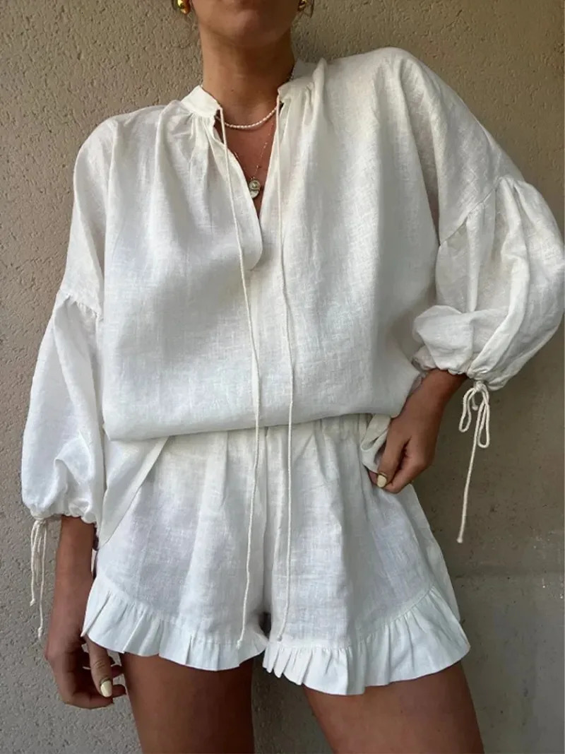 Women Casual Cotton Linen Ruffle Shorts Suits Long Sleeve Drawstring Linen Pullover 2 Ps Set Summer Ladies Beach Outfit Blouse 250407