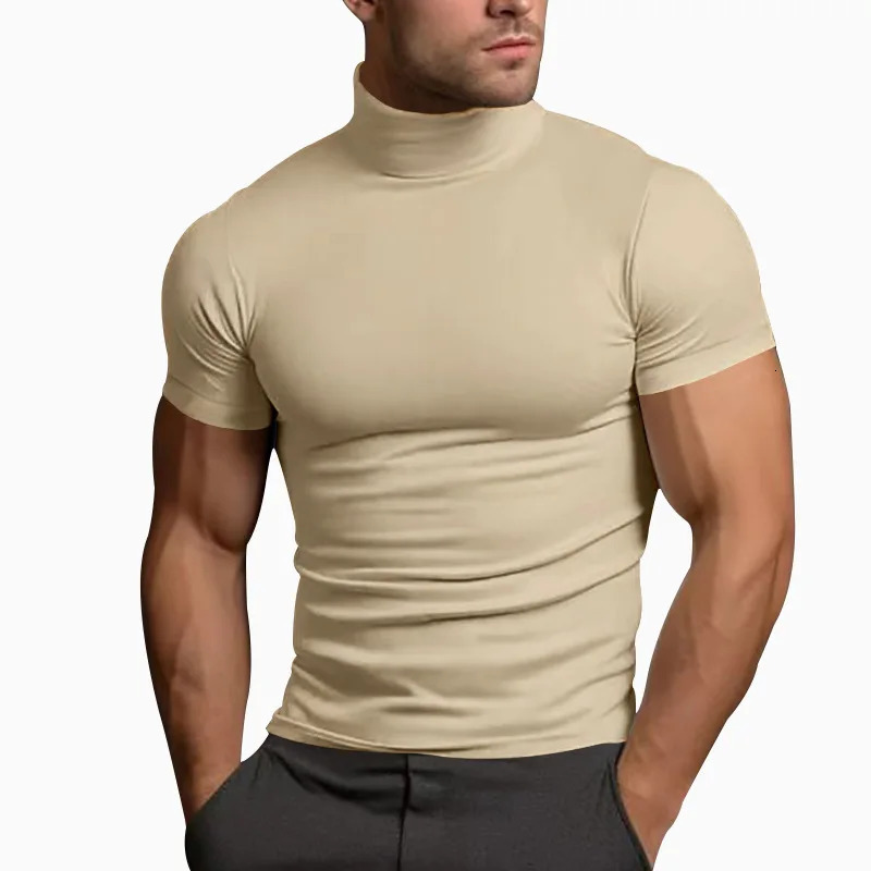 Cross border summer solid color short sleeved fashionable mens tight turtle neck T-shirt 250402