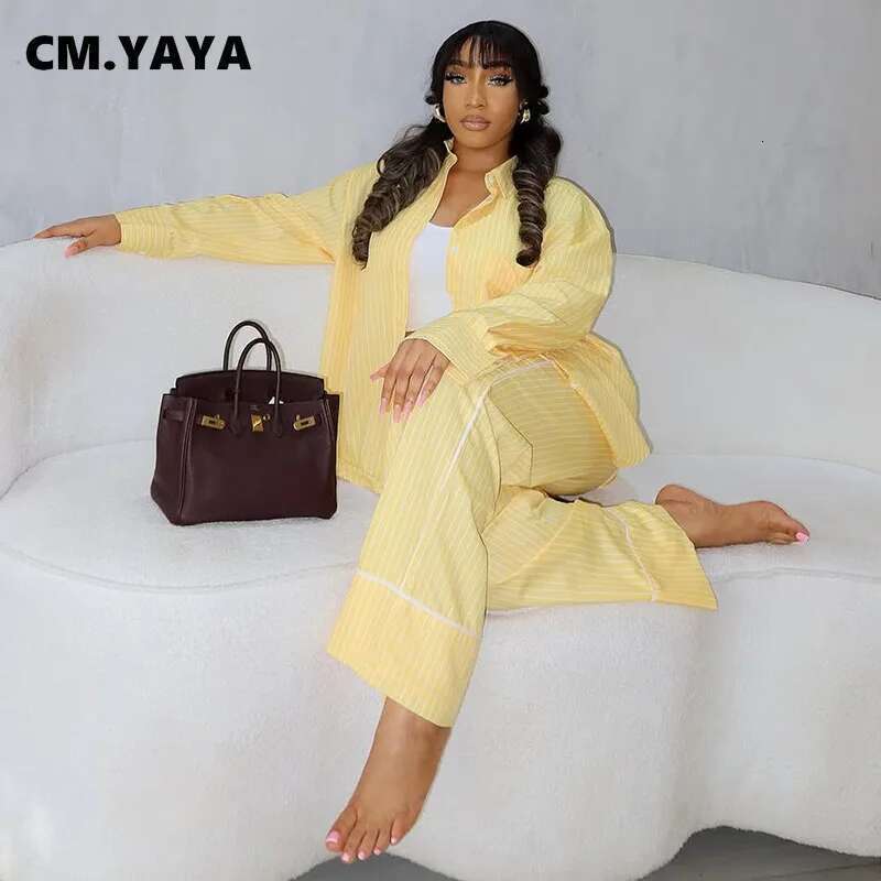Cm.Yaya Fashion Striped Women's Set Long Sleeve Blouse Shirt Top And Wide Leg Pants 2025 Chic Two 2 Piece Sets Outfits Tracksuit