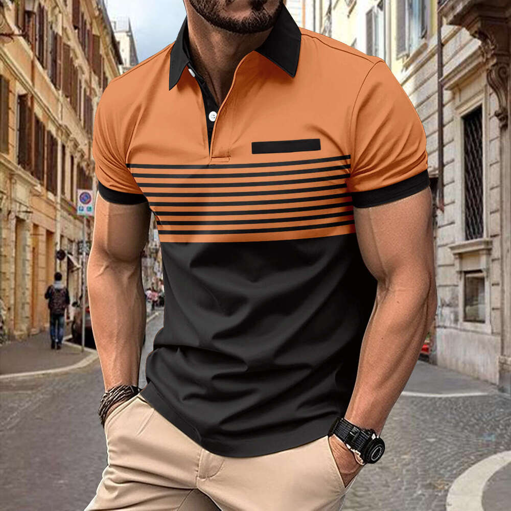 New men's casual polo shirt with chest pocket, V-neck button, striped color blocked T-shirt, 2025 temperament versatile new trendy clothing ins