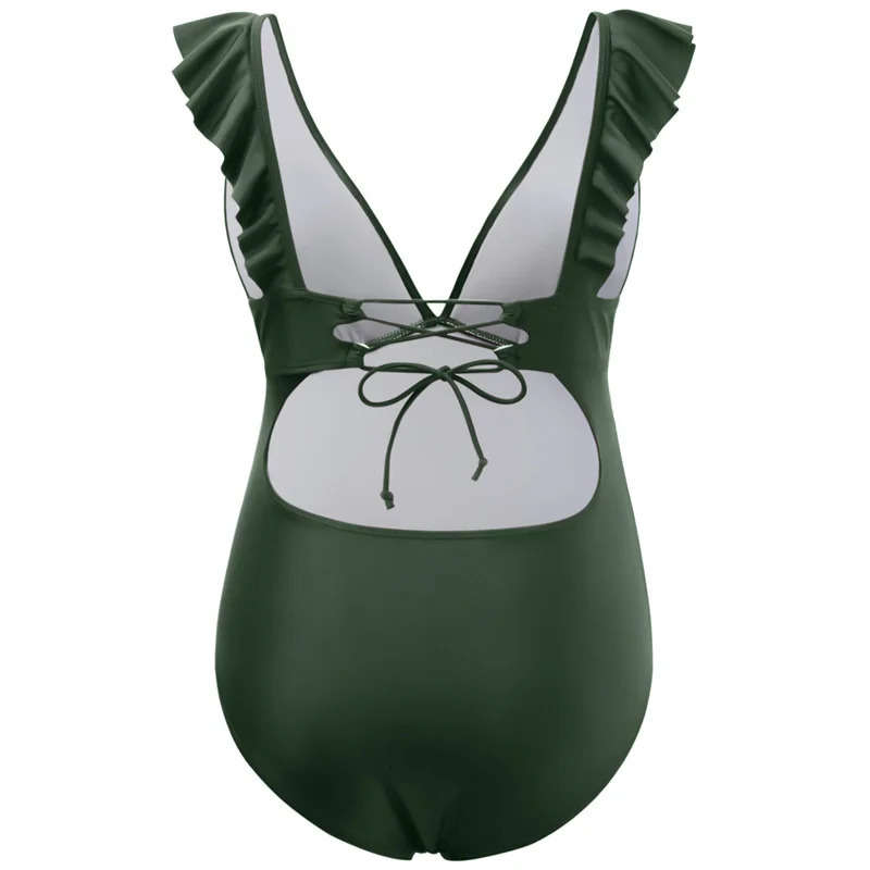 Maternity Swimsuits One Piece Cute Ruffle Pregnancy V-Neck Bathing Suits Lace-up Backless Swimwear Outfit 250407
