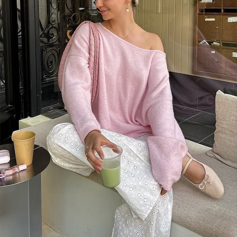 Fall women clothes, women's solid color sweater, simple fashion temperament casual loose pullover, long sleeve large round neck drop shoulder com