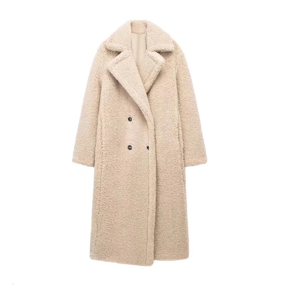 Loose collar lambhair fleece button decoration long coat jacket for womens autumn and winter style 251104